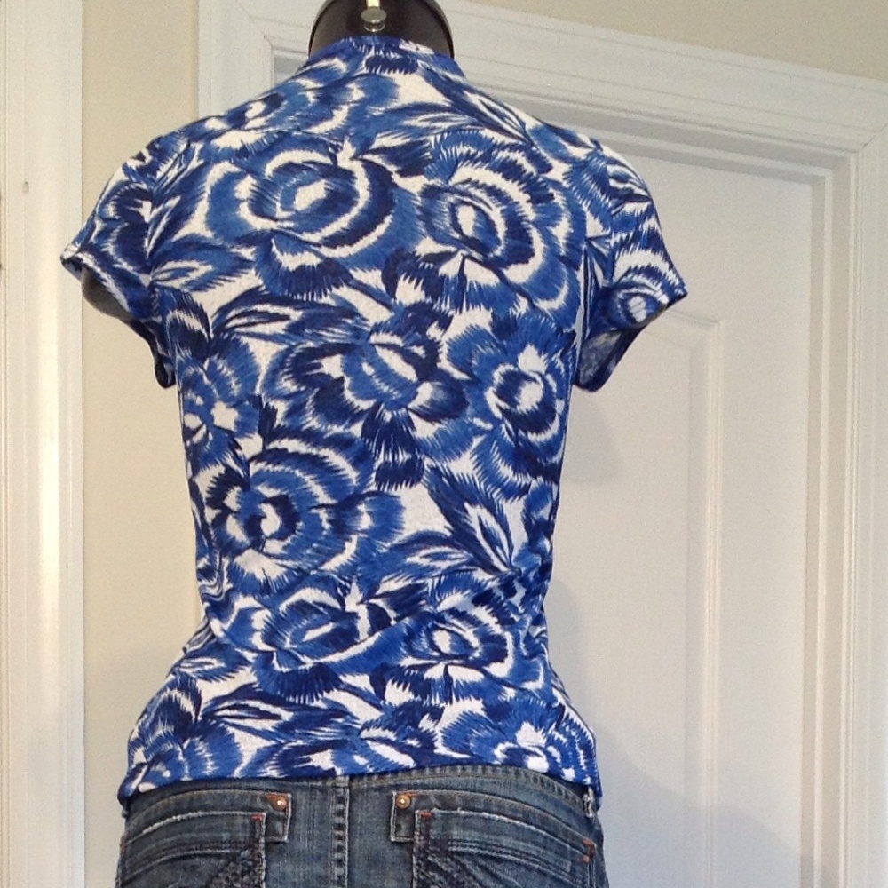 Y2K Karen Kane Floral Twist Front Short Sleeve Blouse Vintage Blue White Medium - Picture 3 of 7